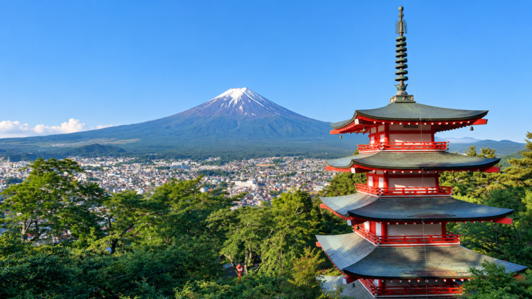 Chureito Pagoda with Mount Fuji in Japan