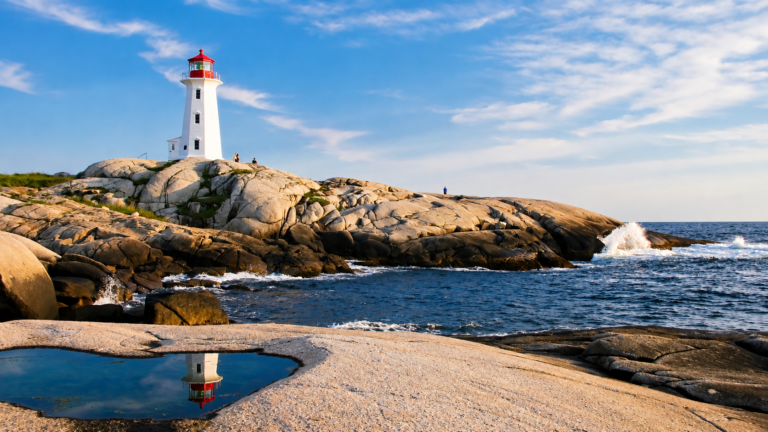 Canada coastlines with a lighthouse on the rocky shore of Nova Scotia