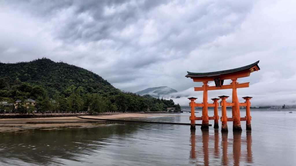 Itsukushima torii gate standing in the sea at Miyajima Island, Japan