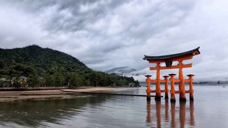 Itsukushima torii gate standing in the sea at Miyajima Island, Japan