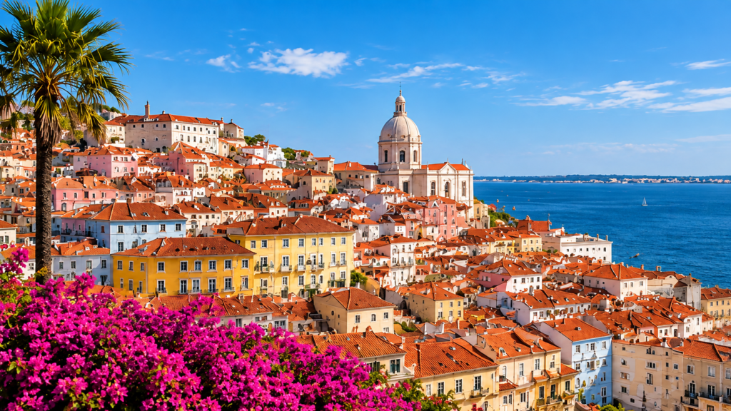 Lisbon’s Alfama district and National Pantheon overlooking the Tagus River in Portugal