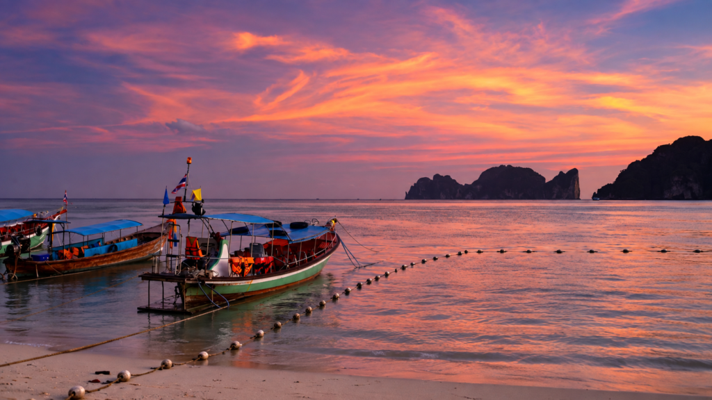 Thailand coastlines and island destinations at Koh Phi Phi at sunset