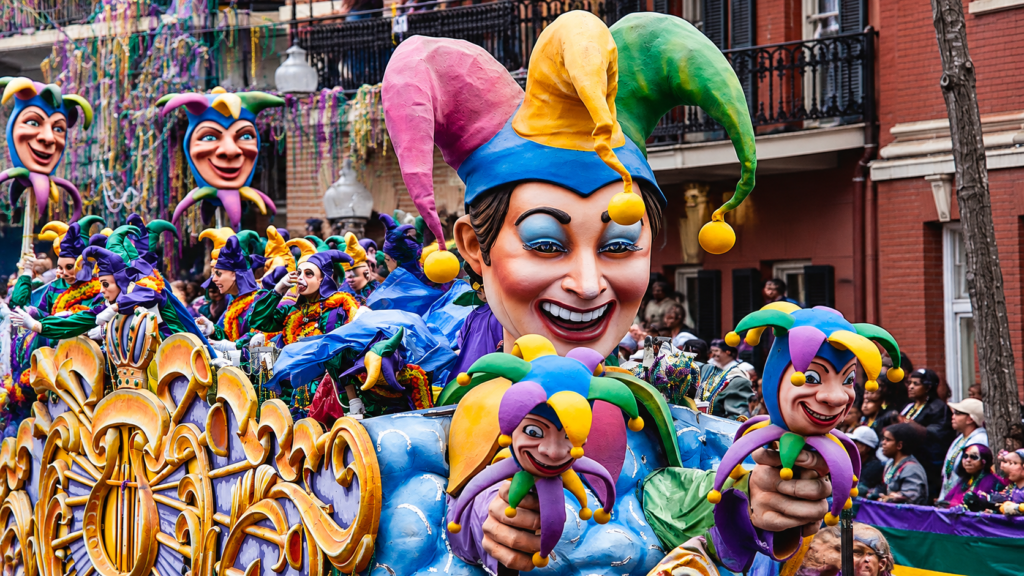 United States culture and local customs at a colorful Mardi Gras parade in New Orleans