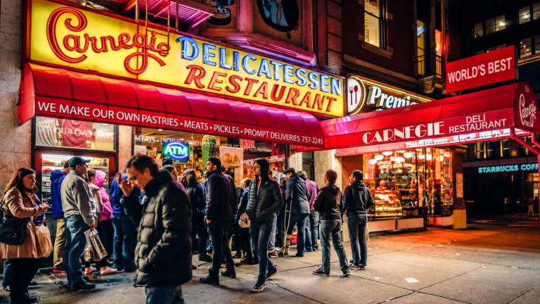 United States food scene with people outside Carnegie Deli in New York City