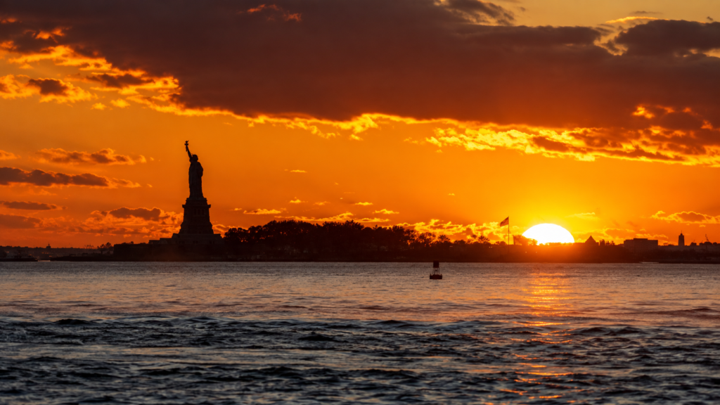 Statue of Liberty at sunset in New York, United States