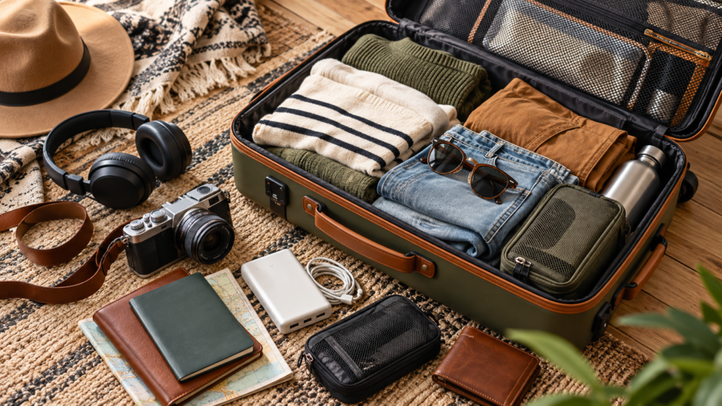 Open suitcase packed with clothing, headphones, camera, sunglasses, water bottle, power bank, and other travel gear essentials