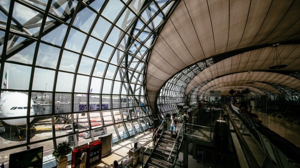 Flights and transportation inside a modern airport terminal