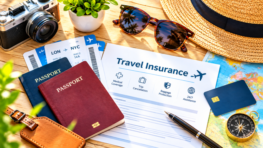 Travel insurance documents with passports, boarding passes, credit card, map, and travel essentials